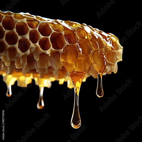 Honey dripping from the wooden honeycomb, black background, product photography, studio lighting, high-resolution photography, hyperrealistic, high quality, high detail, super detailed