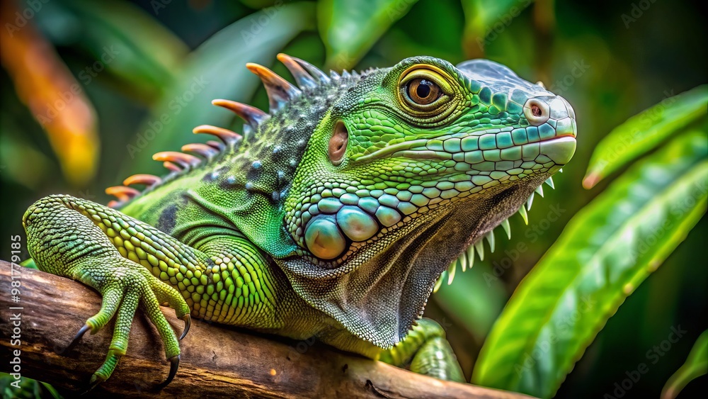 Close-up portrait of a green iguana perched on a branch, looking directly at the camera. Close-up portrait of a green iguana perched on a branch, looking directly at the camera.