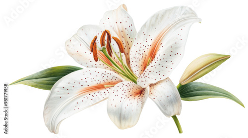 Beautiful white lily flower illustration with green leaves. Perfect for botanical prints, greeting cards, and floral design projects. photo