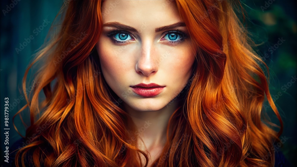 Close-up portrait of a woman with long red hair and striking blue eyes, looking directly at the camera Close-up portrait of a woman with long red hair and striking blue eyes, looking directly at the camera