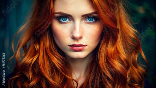 Close-up portrait of a woman with long red hair and striking blue eyes, looking directly at the camera