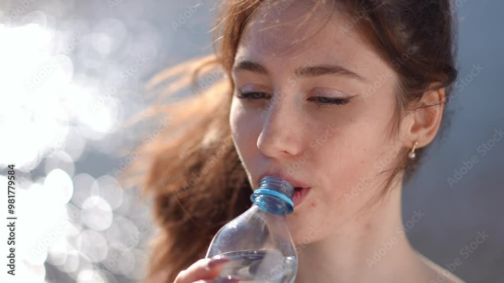 A calm and beautiful portrait of a young woman with wind blowing hair drinking water from a bottle. Capturing a moment of calm beautifully. A calm and beautiful portrait of a young woman with wind blowing hair drinking water from a bottle. Capturing a moment of calm beautifully.