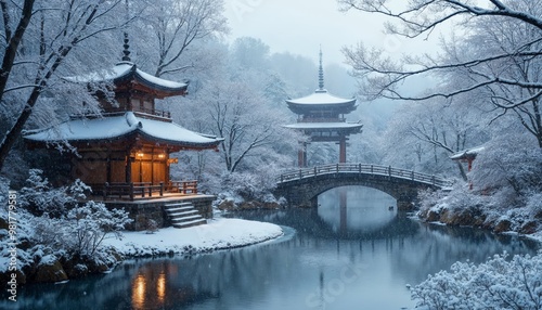 Wallpaper Mural Serene winter landscape with traditional architecture, snowy trees, and a bridge over a peaceful pond Torontodigital.ca