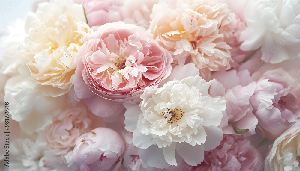 Soft, blooming peonies and roses in pastel shades, adding a delicate and feminine touch Soft, blooming peonies and roses in pastel shades, adding a delicate and feminine touch