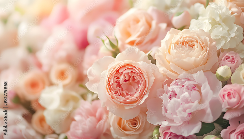 Soft, blooming peonies and roses in pastel shades, adding a delicate and feminine touch Soft, blooming peonies and roses in pastel shades, adding a delicate and feminine touch