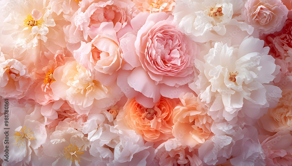 Soft, blooming peonies and roses in pastel shades, adding a delicate and feminine touch