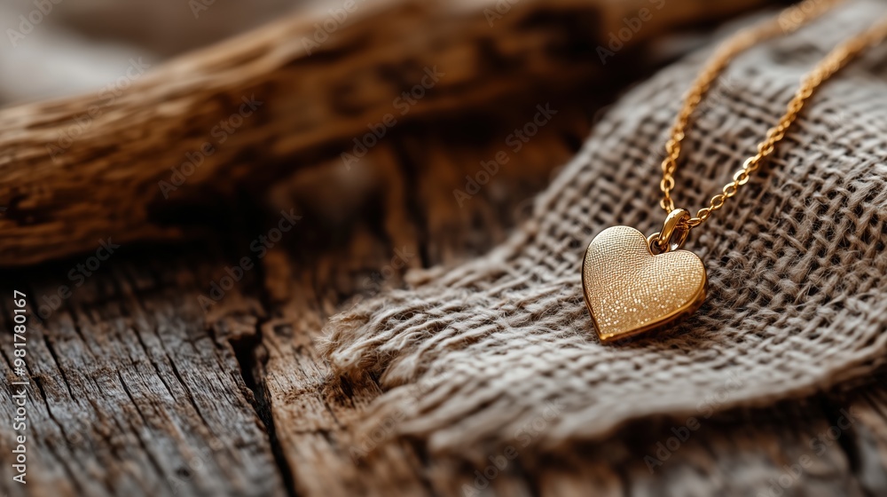 Elegant gold heart pendant on rustic burlap surface for jewelry design and valentine's day gifts