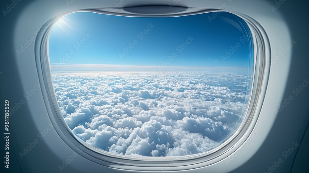 Airplane Window View of Clouds and Blue Sky Airplane Window View of Clouds and Blue Sky