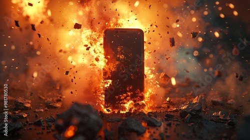 Mobile phone with broken glass exploding.