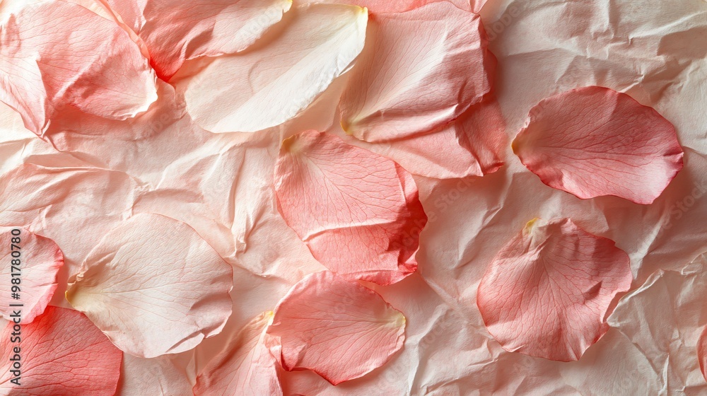 Delicate pink rose petals scattered on a crumpled textured background.