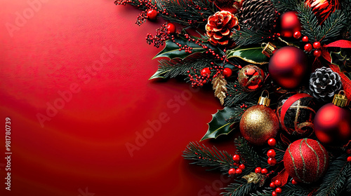 Red green gold Christmas decorations ornaments holiday baubles pine cones holly berries glitter ribbon, festive winter decor, traditional seasonal elegant arrangement