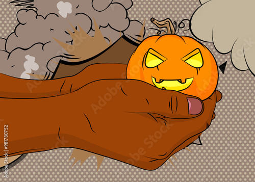 Cartoon, comic book human hands holding Jack O' Lantern. Retro Halloween Pumpkin vector comics pop art design.