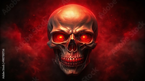 Darkness descends, shrouding all, as a blood-red skull materializes, its skeletal face twisted in a snarl, with eyes