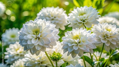 Delicate white albiflos blooms thrive in a lush green garden, beautifully highlighted by natural light, creating a photo