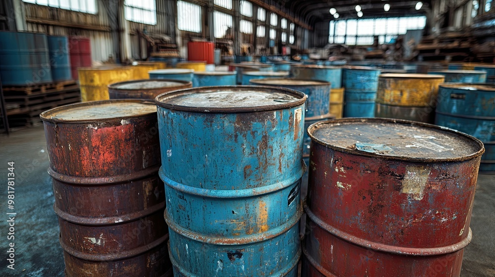 Rusty and weathered barrels in a storage facility Rusty and weathered barrels in a storage facility