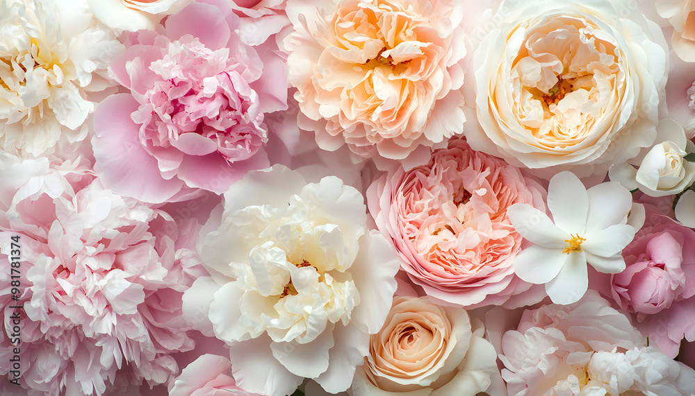 Soft, blooming peonies and roses in pastel shades, adding a delicate and feminine touch