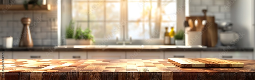 Selective focus.End grain wood counter top with cutting board on blur kitchen. Selective focus.End grain wood counter top with cutting board on blur kitchen.