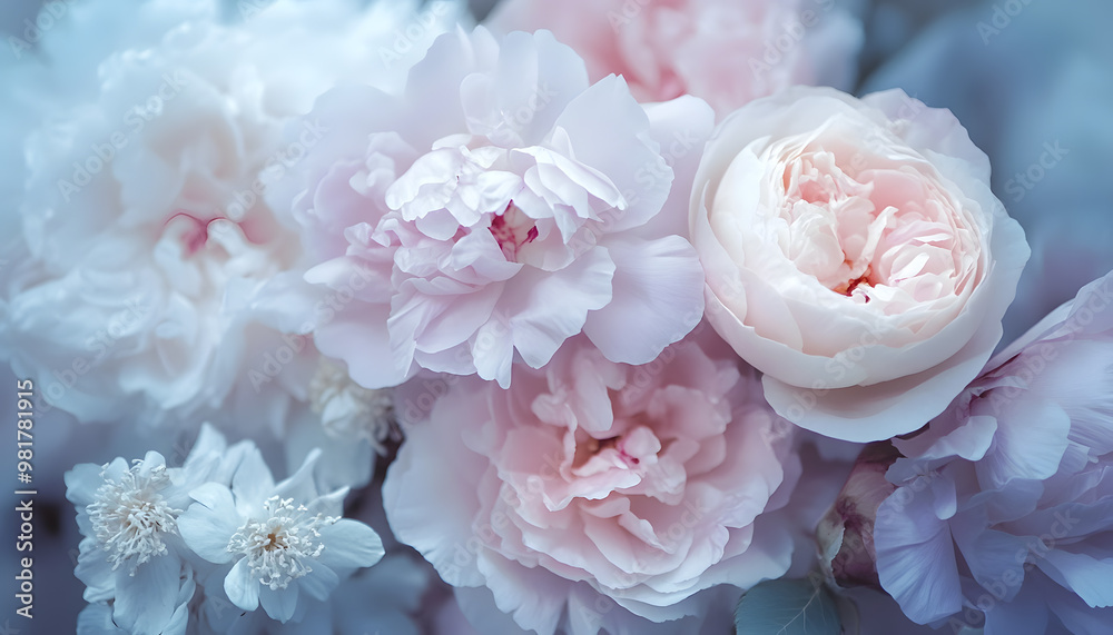 Soft, blooming peonies and roses in pastel shades, adding a delicate and feminine touch Soft, blooming peonies and roses in pastel shades, adding a delicate and feminine touch