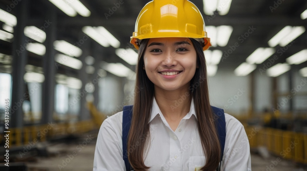 Young female engineer wearing yellow helmet Young female engineer wearing yellow helmet