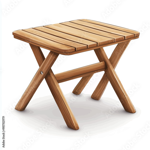 A wooden folding table with natural wood color and X-frame design.

