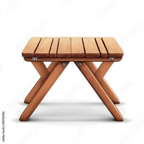 A picture of a wooden folding stool. The stools are light brown, with multiple parallel slats forming the seat and back, with the edges slightly upturned

