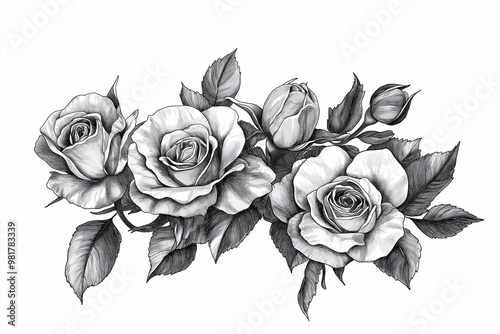Black-and-white tattoo design of roses in an elegant, vintage style on a plain white background.