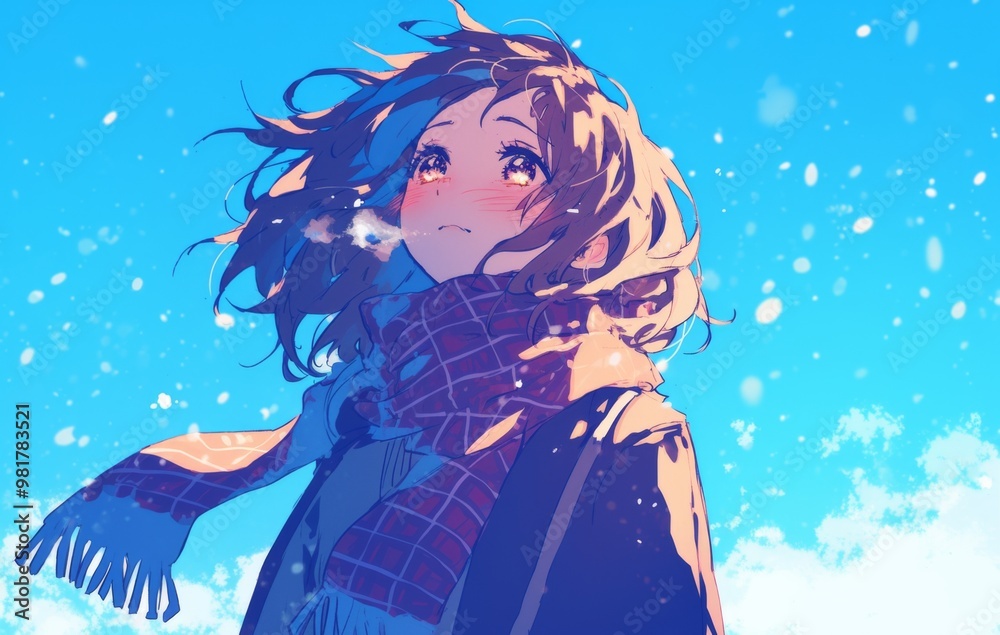 A cute girl with shoulder-length hair wears an oversized scarf, gazing up at snowflakes falling from a blue sky. A cute girl with shoulder-length hair wears an oversized scarf, gazing up at snowflakes falling from a blue sky.