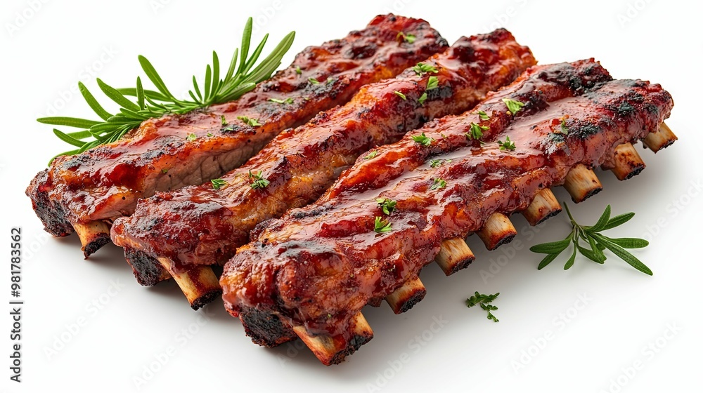 Glazed Pork Ribs with Rosemary Sprigs on White Background Glazed Pork Ribs with Rosemary Sprigs on White Background