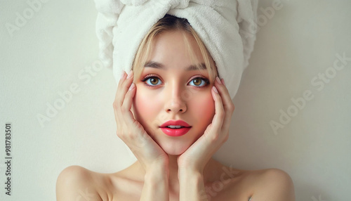 Woman with hair wrapped into towel