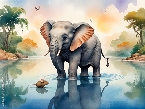 Fototapeta Naklejka Na Ścianę i Meble -  a fable about friendship of a little elephant and a mouse, travel around the world, in water color painting style - generated by ai