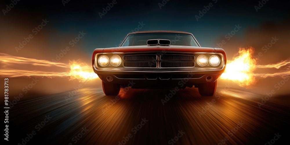 Naklejka premium Muscle Car Accelerating with Flames Erupting from the Engine – Power and Speed Unleashed