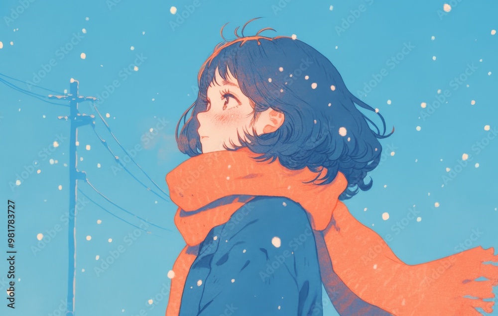 A cute girl with shoulder-length hair, wearing an orange scarf and blue coat, stands in profile against a light sky-blue background with snowflakes gently falling A cute girl with shoulder-length hair, wearing an orange scarf and blue coat, stands in profile against a light sky-blue background with snowflakes gently falling