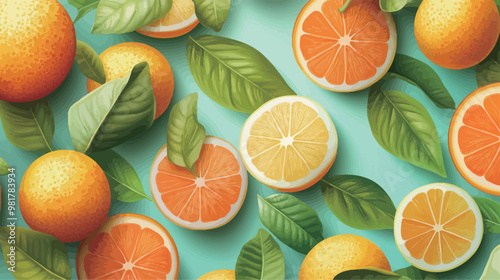 Fresh oranges and grapefruit, placed among the turquoise leaves. The bright colors of these fruits contrast sharply with the background, giving a fresh and natural feeling.

