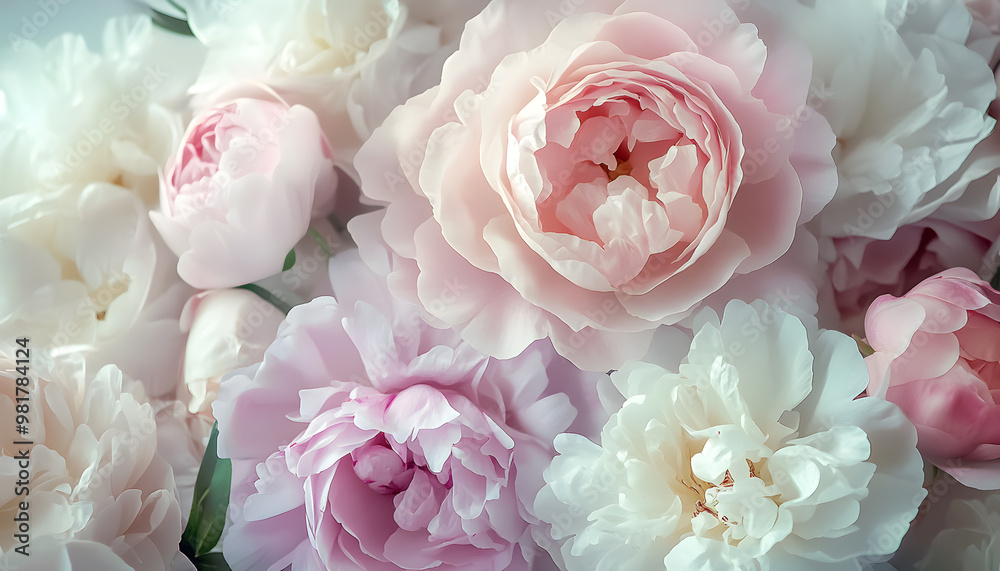 Soft, blooming peonies and roses in pastel shades, adding a delicate and feminine touch Soft, blooming peonies and roses in pastel shades, adding a delicate and feminine touch