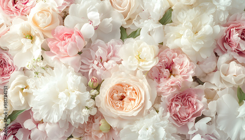 Soft, blooming peonies and roses in pastel shades, adding a delicate and feminine touch