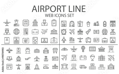 Airport stroke outline black and white web icons set. isolated on white Background