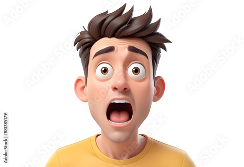 3D illustration of a cartoon man with a surprised expression on his face on transparent background.