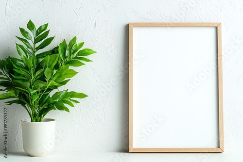 A 3D modern decor scene featuring a blank frame beside a lush green plant in a simple pot against a textured wall.