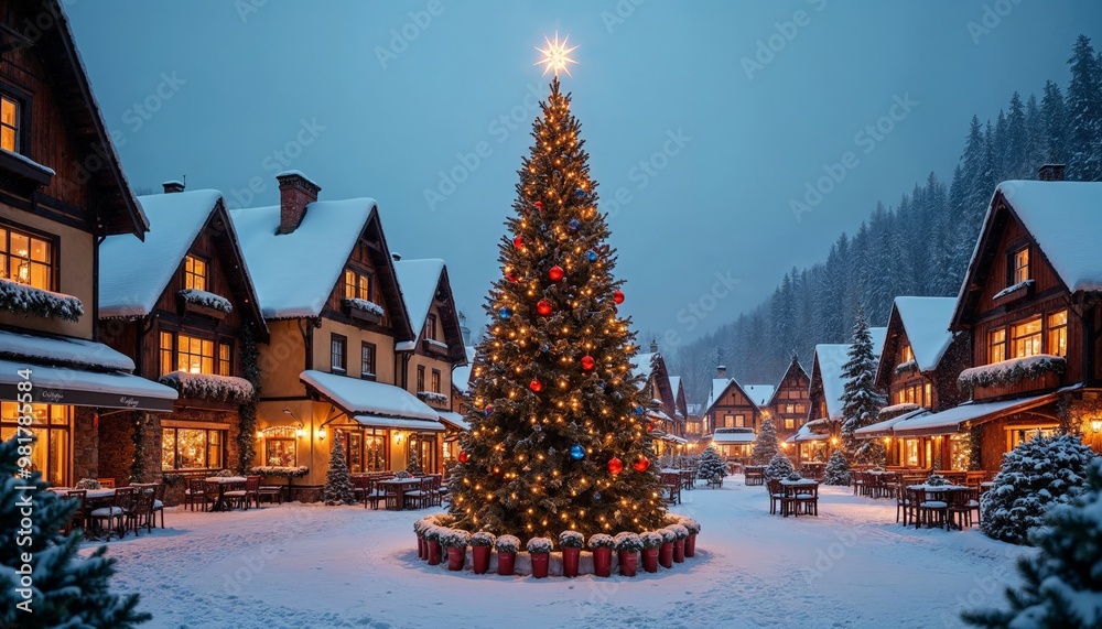 Fototapeta premium Snowy Christmas Village with Large Illuminated Christmas Tree