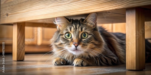 Furry feline concealed beneath wooden bed frame, revealing only tail and paws