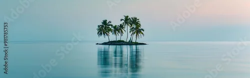 Obraz  z motywem A serene view of a small island with two palm trees in the middle of the ocean.