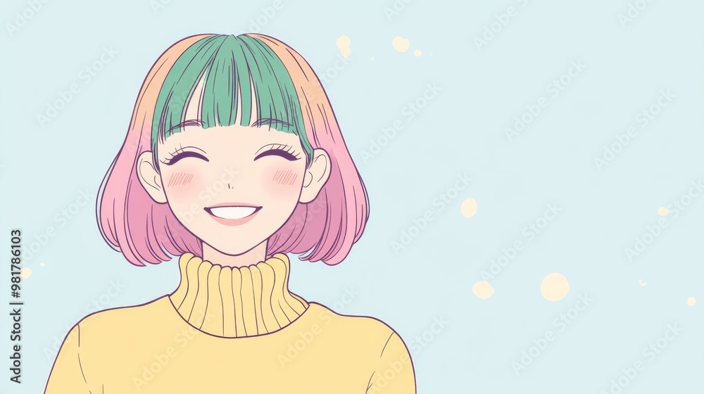 A cute Japanese girl with short pink and green hair smiles happily, dressed in a light yellow turtleneck sweater A cute Japanese girl with short pink and green hair smiles happily, dressed in a light yellow turtleneck sweater