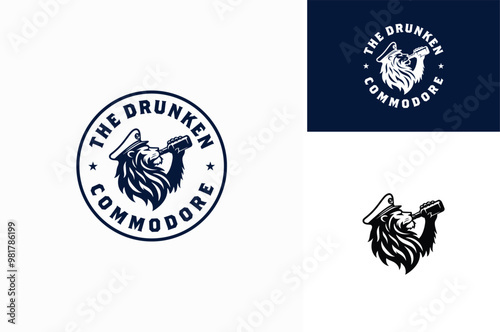 A Drunken Lion wears Ship Captain Commodor Hat and a Bottle or Rum Beer on its hand for Beverage Bar or Boat logo design