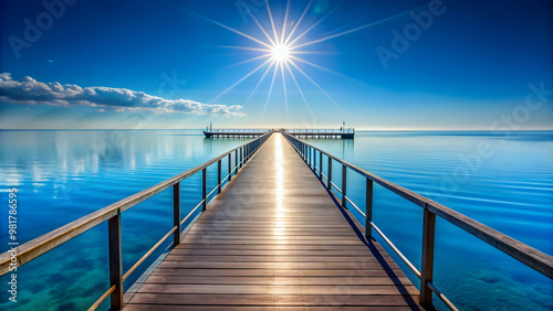 Pier extending into azure sky sea with stunning mirrored reflection of ocean depth and midday sun, pier, azure, sky