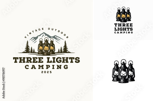 Old Hand Oil Lamp Lantern Light with Mountain and Pine Evergreen Trees for Night Adventure Outdoor Forest Camping Logo Design