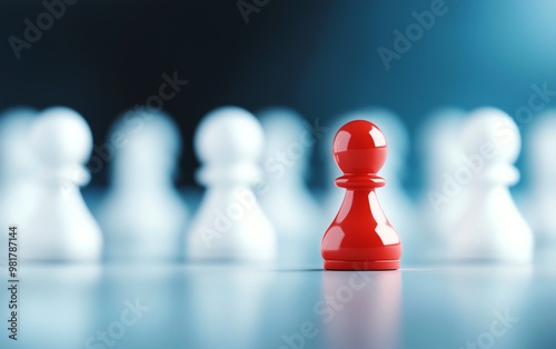 A 3D striking red pawn stands out among white pawns, symbolizing individuality and strategy in a game of chess.