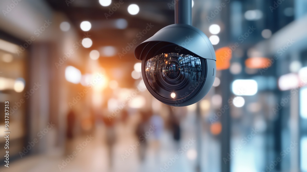Close-up of a security camera in a modern shopping mall, blurred background with bright lights and people walking. Close-up of a security camera in a modern shopping mall, blurred background with bright lights and people walking.