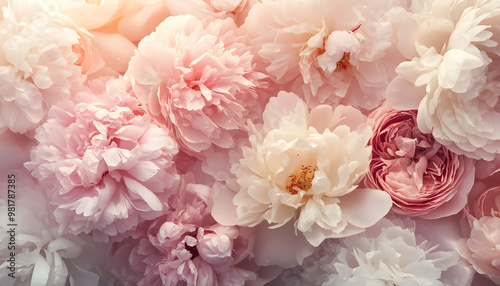 Soft, blooming peonies and roses in pastel shades, adding a delicate and feminine touch