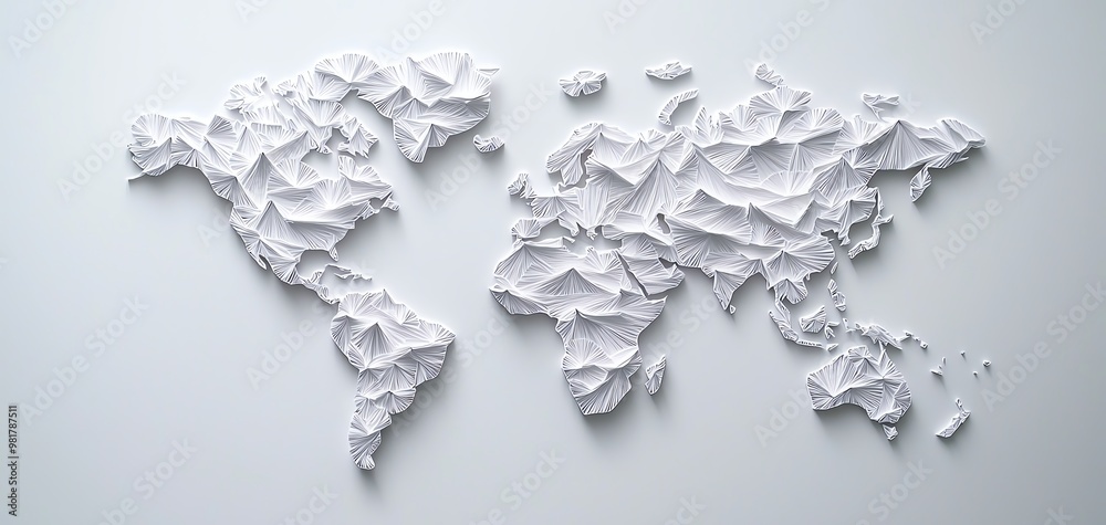 A textured paper world map in white, symbolizing global connections and environmental themes. Ideal for modern design projects. A textured paper world map in white, symbolizing global connections and environmental themes. Ideal for modern design projects.