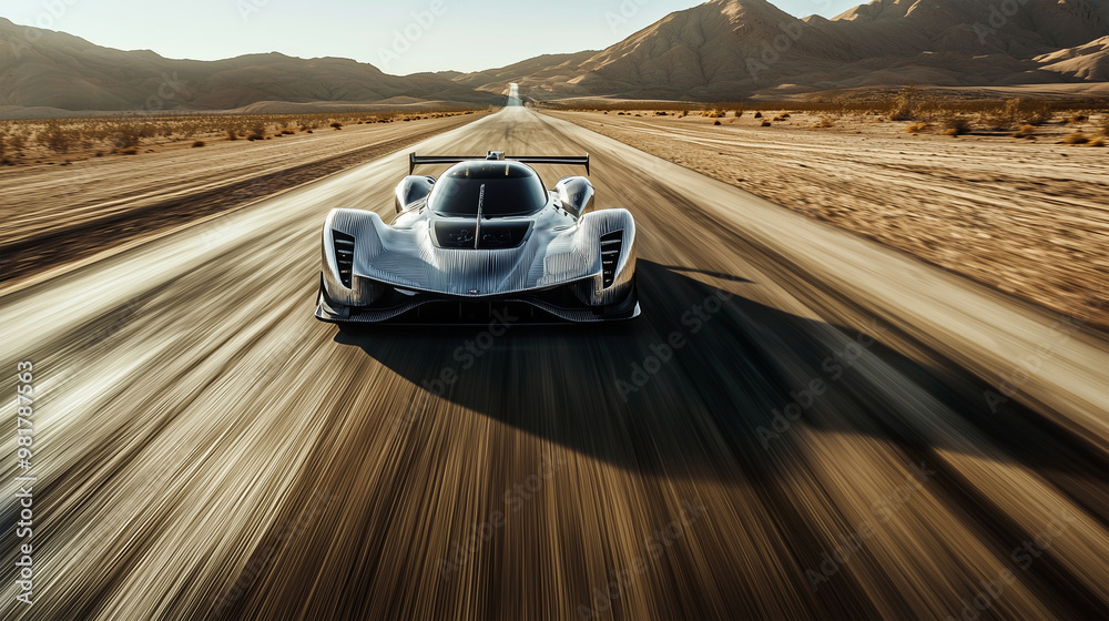 Obraz premium Silver Race Car on Desert Road, Speed Lines and Motion Photography